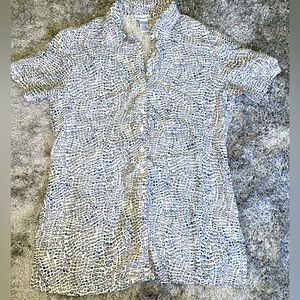 Off white and blue button down short sleeve silk blouse. Size M